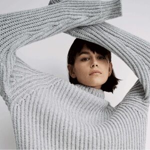 Elena Wang Melange Gray Ribbed Knit Cowl Neck Sweater